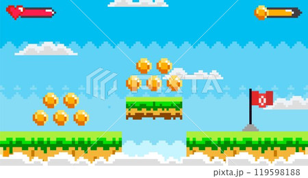 Vivid pixel art scene with hearts, coins, and platforms against a clear blue sky with clouds. Ideal for retro gaming, platform games, video game development, arcade-style graphics, mobile game Vivid pixel art scene with hearts, coins, and platforms against a clear blue sky with clouds. Ideal for retro gaming, platform games, video game development, arcade-style graphics, mobile game 119598188