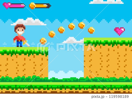 A young male character stands on a grassy platform, collecting floating coins and aiming for a heart. Blue sky and clouds in the background with pixelated design. Ideal for video games, retro style 119598189