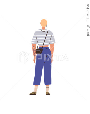 Bald person seen from the back, wearing a striped shirt, blue pants, and carrying a small crossbody bag. Visible tattoos on one arm. Ideal for fashion, street style, individuality, self-expression Bald person seen from the back, wearing a striped shirt, blue pants, and carrying a small crossbody bag. Visible tattoos on one arm. Ideal for fashion, street style, individuality, self-expression 119598190