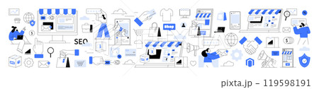 Online Shopping, E-commerce Platform, Digital Marketing. Ecommerce elements online stores, SEO, email marketing, platforms, payment methods. Marketing strategies, digital payments product advertising 119598191