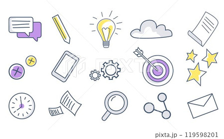 Featuring business icons like lightbulb, target, mobile phone, pencil, and gears in gray, yellow, and purple colors. For business planning, productivity, communication, innovation, and research 119598201