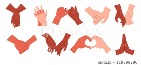 Multinational romantic couple hold hands vector icon set, hand shake, touch palms or fingers, heart shape gesture signs 119598296