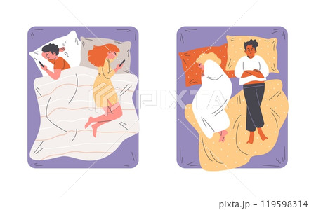 Vector collection of a man and a woman facing conflict in a relationship in bedroom 119598314