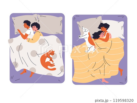 Young heterosexual and homosexual couples hugging under the blanket lying on the bed with pet, relaxation vector set 119598320
