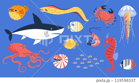 Ocean or sea fauna, marine wildlife, underwater animals, cartoon octopus, seahorse, jellyfish, shark fishes vector set Ocean or sea fauna, marine wildlife, underwater animals, cartoon octopus, seahorse, jellyfish, shark fishes vector set 119598337