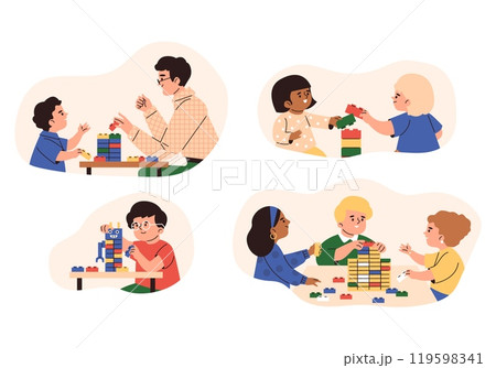 A set of vector illustrations depicting children assembling Lego bricks. A set of vector illustrations depicting children assembling Lego bricks. 119598341