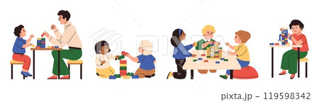 Happy children play with lego construction blocks vector set, cartoon kids have fun build pyramid bricks, entertainment Happy children play with lego construction blocks vector set, cartoon kids have fun build pyramid bricks, entertainment 119598342