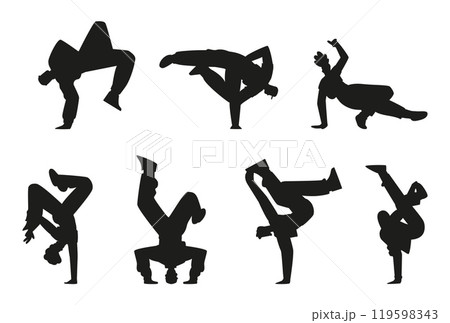 Silhouettes demonstrating breakdancing positions on an isolated background. 119598343