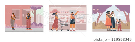 Vector set of parents carrying children in a carrier, in a cityscape. Vector set of parents carrying children in a carrier, in a cityscape. 119598349
