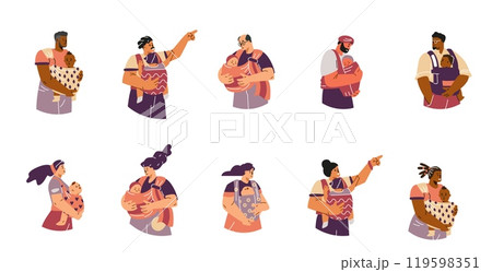 Vector set: Parents with newborns in slings. Isolated background. 119598351
