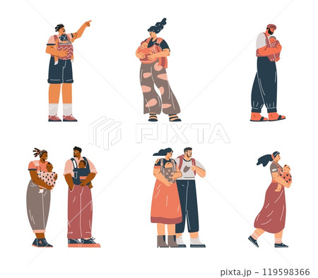 Vector illustration of parents with children in carriers in flat style. 119598366