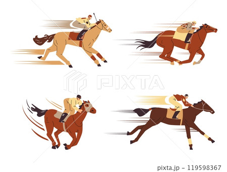 Horse racing, jockey sprinting on a brown horse, hippodrome sport competition, cartoon equine championship vector set Horse racing, jockey sprinting on a brown horse, hippodrome sport competition, cartoon equine championship vector set 119598367