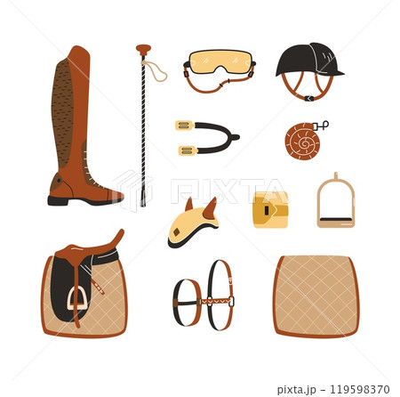 Horse racing equipment vector set, equestrian sport tools, ammunition for horses tack saddle, stirrup, martingale bridle Horse racing equipment vector set, equestrian sport tools, ammunition for horses tack saddle, stirrup, martingale bridle 119598370