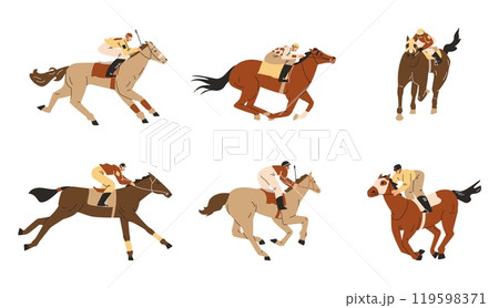 Horse racing vector set, jockey sprinting on a brown horse, hippodrome sport competition, cartoon equine championship Horse racing vector set, jockey sprinting on a brown horse, hippodrome sport competition, cartoon equine championship 119598371