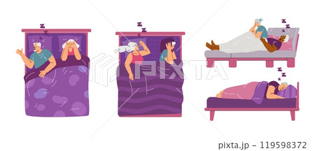 Couple in bed at night vector set, annoyed person suffering from insomnia because of snoring husband, wife, bad sleep 119598372
