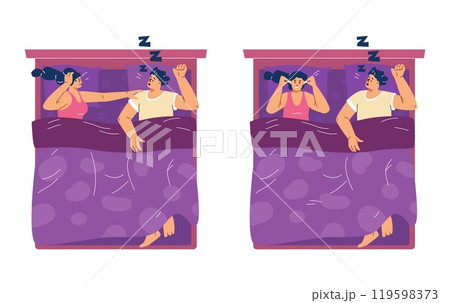 Vector illustration of a man snoring loudly and a tired woman awake in bed 119598373