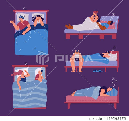 Vector drawing of a man and a woman in bed depicting common sleep apnea scenes Vector drawing of a man and a woman in bed depicting common sleep apnea scenes 119598376