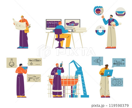 A set of vector illustrations featuring shipbuilders designing marine equipment. A set of vector illustrations featuring shipbuilders designing marine equipment. 119598379