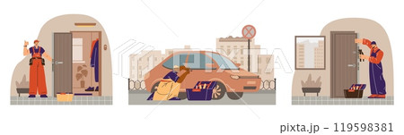 Professional locksmith worker repairing house and car door locks using special tools, vector repairman fixing service 119598381