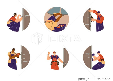 Set of flat vector round locksmith service icons with lock. Set of flat vector round locksmith service icons with lock. 119598382