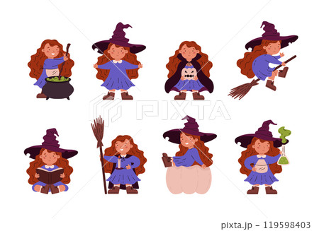 A set of vector illustrations for Halloween with a little witch girl in a hat 119598403