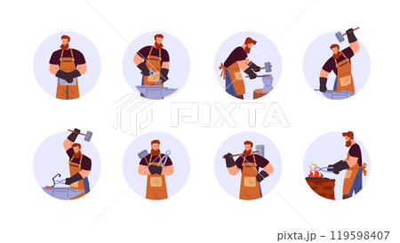 Blacksmith worker vector set, farrier hard working, medieval smith craftsman foundry workshop in round frame Blacksmith worker vector set, farrier hard working, medieval smith craftsman foundry workshop in round frame 119598407
