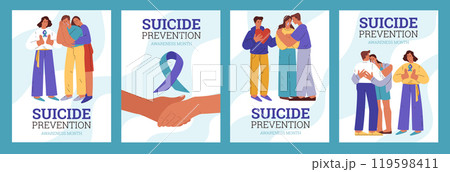 Month of suicide prevention vector awareness posters set, people hugging crying depressed person, psychological help 119598411