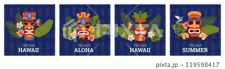 Tiki mask with tropical leaves and flowers, vector cartoon posters set Tiki bar Aloha, ethnic tribal wooden carved totem 119598417