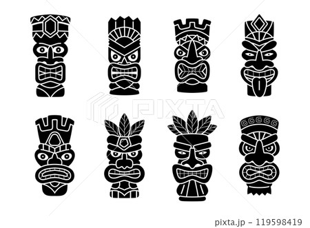 Set of vector illustrations of Tiki masks, silhouettes in black. 119598419