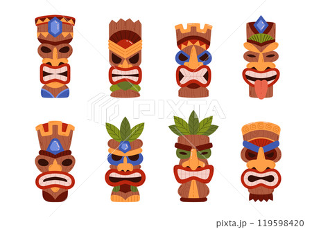 Tiki mask vector icons set, Hawaiian tribal wooden carved totem, idol scary face with toothy mouth decorated with leaves 119598420