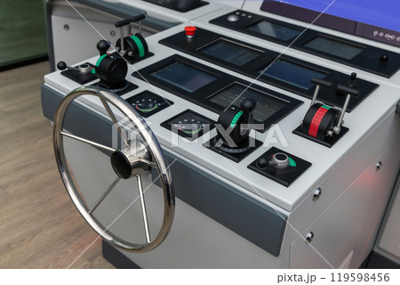 Marine navigation simulation system, ship control panel with steering wheel 119598456