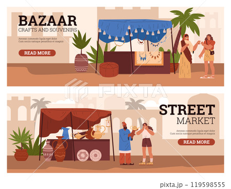 Vector illustration of a busy oriental market with merchants in traditional clothes and shoppers. 119598555