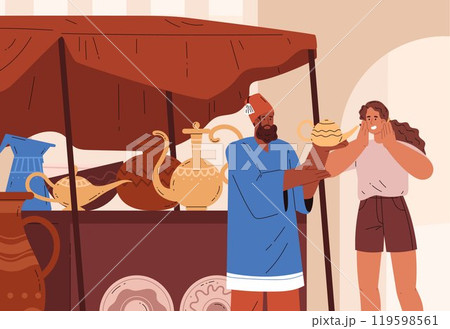 Illustration of an oriental bazaar where a merchant in a shop sells clay pottery to a tourist. Illustration of an oriental bazaar where a merchant in a shop sells clay pottery to a tourist. 119598561