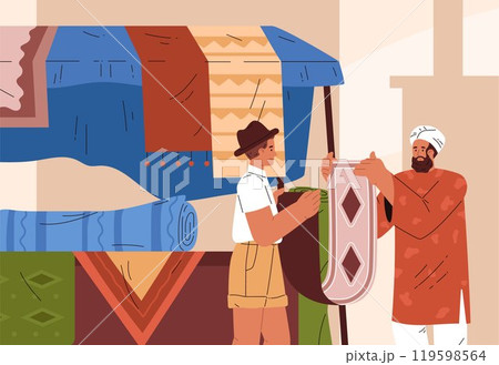 Oriental bazaar, cartoon trade tent with handmade carpets, Arab seller and tourist, vector Eastern market awning Oriental bazaar, cartoon trade tent with handmade carpets, Arab seller and tourist, vector Eastern market awning 119598564
