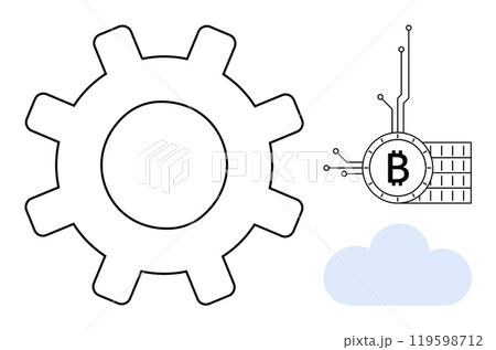 Large gear symbol alongside a Bitcoin logo with circuitry and a cloud icon. Ideal for blockchain, cryptocurrency, cloud computing, technology integration, and financial technology. Simple vector 119598712