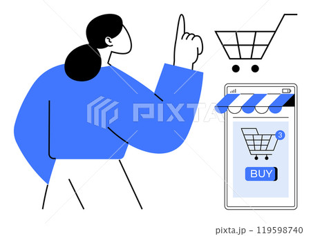 Woman pointing towards the shopping cart while using a smartphone for an online purchase. Ideal for e-commerce, mobile shopping, digital marketing, online retail, consumer behavior. Minimalist style Woman pointing towards the shopping cart while using a smartphone for an online purchase. Ideal for e-commerce, mobile shopping, digital marketing, online retail, consumer behavior. Minimalist style 119598740