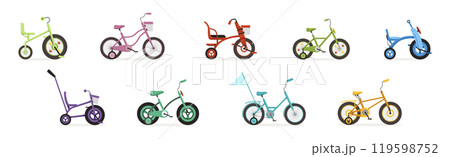 Kids Bicycles and Bike for Childhood Activity Vector Set Kids Bicycles and Bike for Childhood Activity Vector Set 119598752