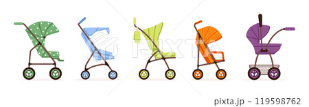 Baby Carriage or Pram for Baby Walking Vector Set 119598762