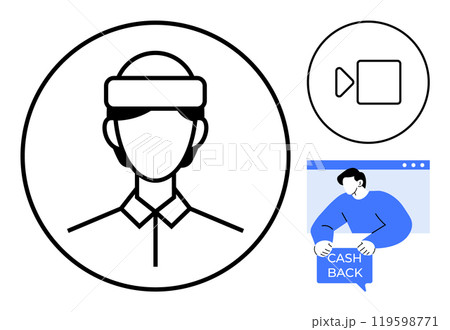 Circular badge with a customer service representative, a video call icon, and a man holding cashback sign. Ideal for customer support, online services, cashback promotions, tech support, and help Circular badge with a customer service representative, a video call icon, and a man holding cashback sign. Ideal for customer support, online services, cashback promotions, tech support, and help 119598771