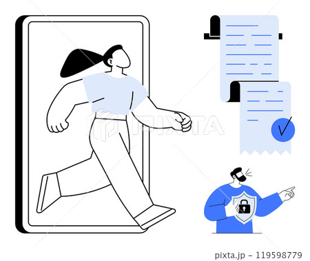 A person stepping out of a smartphone symbolizes online activity. Documents with checkmarks imply verification, while a character holding a shield represents security. Ideal for cybersecurity, online A person stepping out of a smartphone symbolizes online activity. Documents with checkmarks imply verification, while a character holding a shield represents security. Ideal for cybersecurity, online 119598779