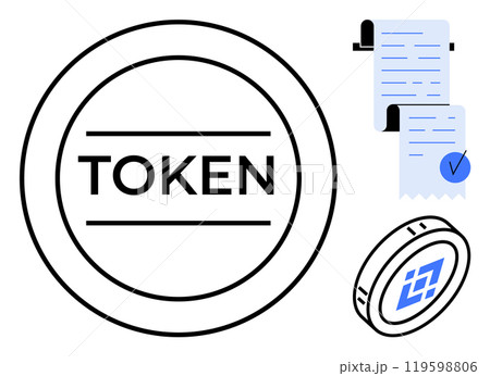 Circular digital token labeled token beside official documents with blue tick mark. Ideal for cryptocurrency, financial transactions, digital assets, blockchain technology, and virtual economy 119598806