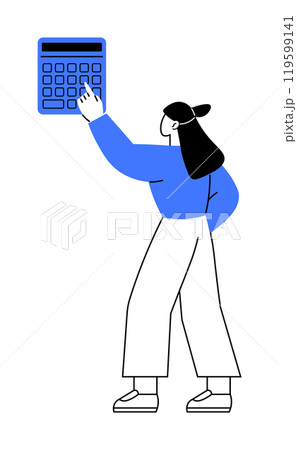 A person in blue and white attire interacts with an oversized calculator. Ideal for finance, mathematics, education, budgeting, and accounting themes. Simple, modern, vector style. 119599141