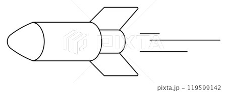 Black and white outline of a rocket flying right with motion lines. Ideal for aerospace, technology, science fiction, speed concepts, educational materials. Simple line art. Black and white outline of a rocket flying right with motion lines. Ideal for aerospace, technology, science fiction, speed concepts, educational materials. Simple line art. 119599142