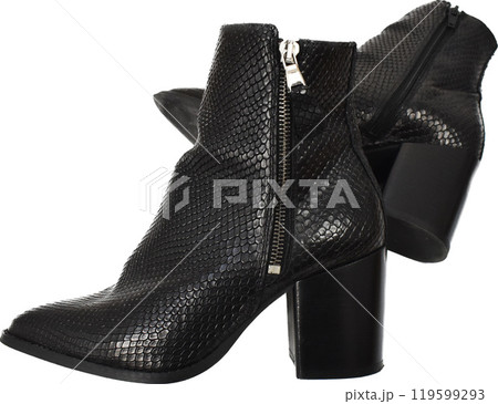 Black chunky heels boots isolated on white, reptile leather ankle boots for women, basic snake skin fall boots 119599293
