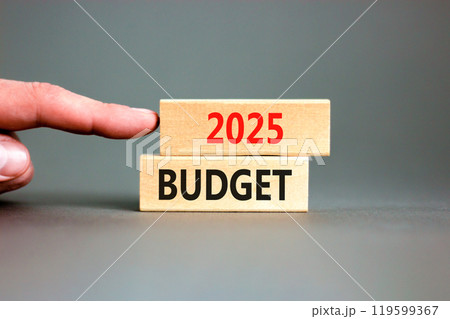 Planning 2025 budget new year symbol. Concept words 2025 Budget on beautiful wooden blocks. Beautiful grey background. Businessman hand. Business 2025 budget new year concept. Copy space. 119599367