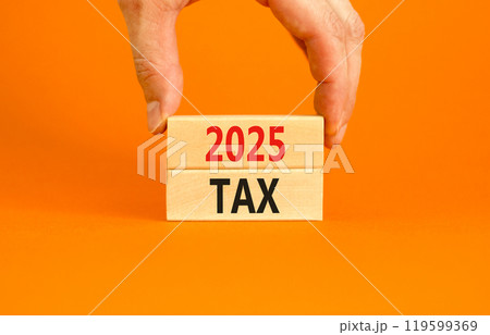 Planning 2025 tax new year symbol. Concept words 2025 Tax on beautiful wooden blocks. Beautiful orange background. Businessman hand. Business 2025 tax new year concept. Copy space. 119599369