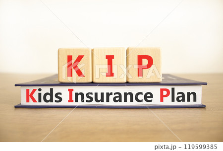 KIP kids insurance plan symbol. Concept words KIP kids insurance plan on beautiful wooden blocks and book. Beautiful white background. Business KIP kids insurance plan concept. Copy space. 119599385