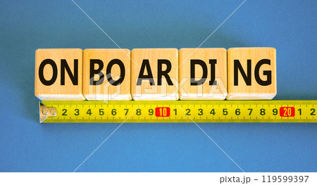 Onboarding success symbol. Concept word Onboarding on wooden blocks. Beautiful blue background. Beautiful yellow ruler. Business onboarding success concept. Copy space. 119599397