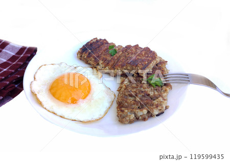 Breakfast with goetta  and fried egg 119599435