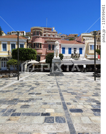 Samos Island, Greece - July 28, 2024 : Vathy village, Pythagoras square lion sculpture Samos Island, Greece - July 28, 2024 : Vathy village, Pythagoras square lion sculpture 119599481